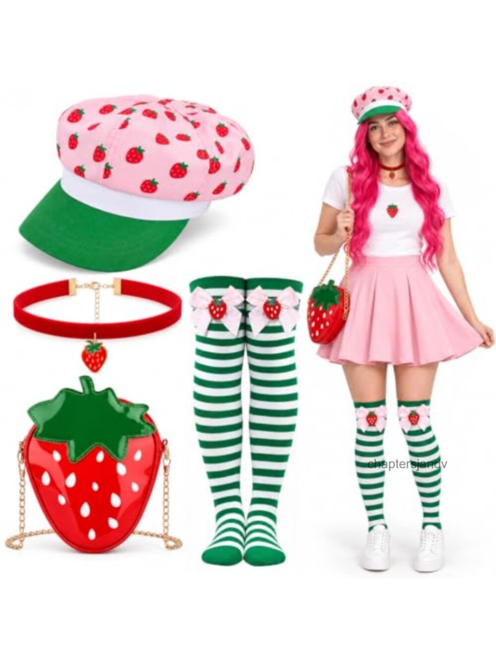 Strawberry Costume Accessory Set Hat Choker Purse Socks Halloween Cosplay